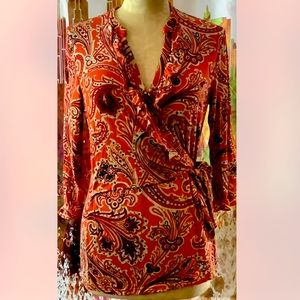 ANNE KLEIN Red Orange White Red Faux Wrap Top M